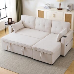 3 In 1 Convertible Sofa Bed Sleeper with Storage, 3 Seater L Shaped Sleeper Sofa Couches with Cup Holders & Pillows & Pockets, Pull Out Sectional Sofa Daybed for Living...