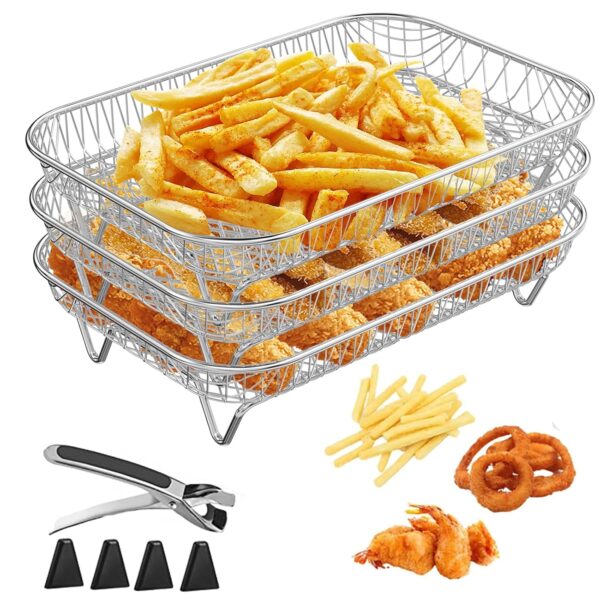 3-Layer Air Fryer Rack with Clipper & Silicone Feet – Stainless Steel Stackable Cooking Rack – Compatible with Ninja Dual Air Fryer, Instant Vortex Plus, Salter 8.2L – Air Fryer...