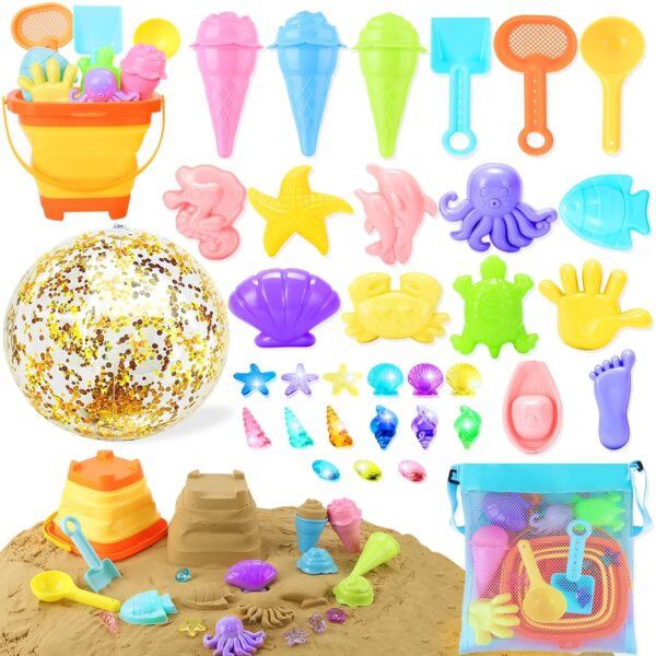 39Pcs Beach Sand Toys For Kids, Bucket And Spade Beach Set Kids, Sandpit Toys With Beach Bucket, 16’’ Beach Ball, Ice Cream Toys For Kids, Gems, Beach Bag, Summer Indoor Outdoor...