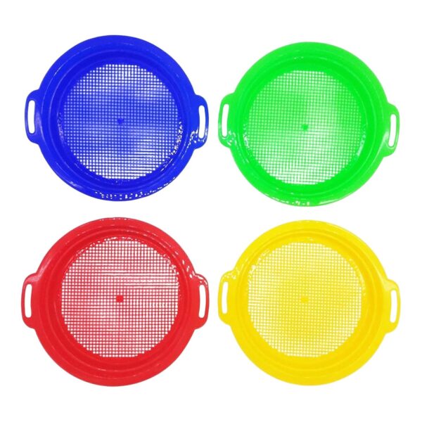 4PCS Children's Sand Sifter for The Beach - Plastic Sand Sieve Toys Set for Bunker Digging & Treasure Finding (Red, Yellow, Blue, Green)