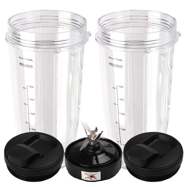 5 Pieces Blender Replacement Parts, 2X 710ml Cups & 1x Blade & 2X Spout Lids Compatible with Nutri Ninja Blender Auto iQ BL480 BL482 BL642 BL682 NN102