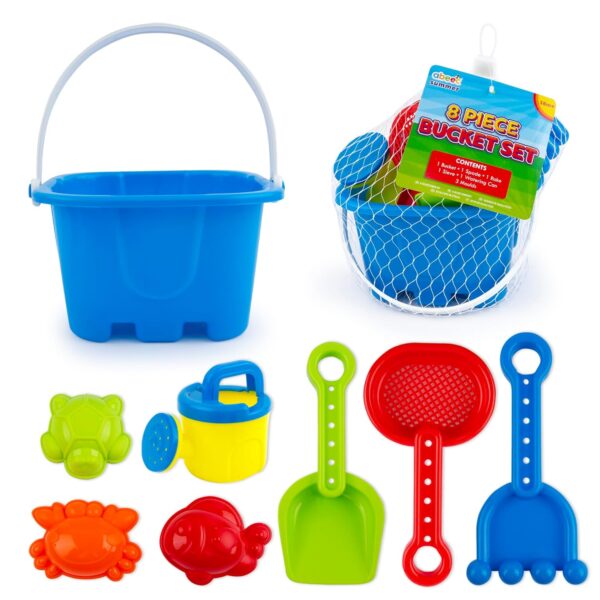 abeec Beach Bucket Set - Contains Watering Can, Bucket; Spade, Rake, Sieve, Moulds - Outdoor Water And Sand Toys For Kids - Beach Toy Set - Sand Pit Set - 8 Piece