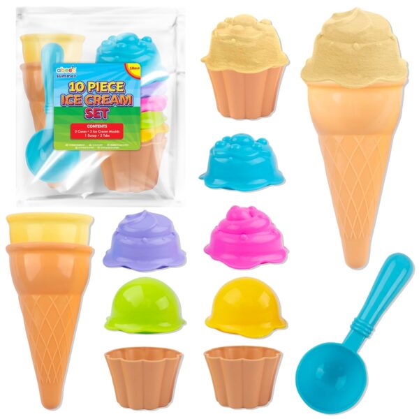 abeec Ice Cream Beach Set - 10 Piece - Beach Toys For Kids - Ice cream Bath Toy - Sand Toys - Ice cream Mould Set with Cones Scoop and Tubs - Travel Toys