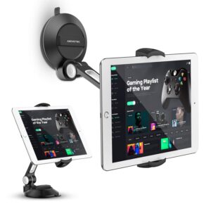 AboveTEK Tablet Stand with Suction Cup, Adjustable Tablet Holder Mount for Desk, Car Windscreen, Mirror or Glass – Fits 4”-11” Tablets & Phones, iPad Mount for Home, Office(Black)