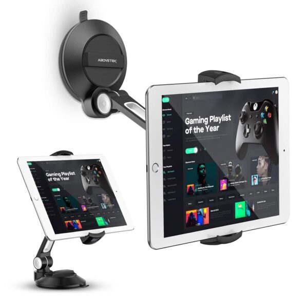 AboveTEK Tablet Stand with Suction Cup, Adjustable Tablet Holder Mount for Desk, Car Windscreen, Mirror or Glass – Fits 4”-11” Tablets & Phones, iPad Mount for Home, Office(Black)