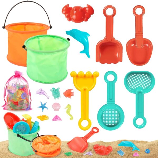 Acetiti Beach Toys For Kids, Bucket and Spade Beach Set, Sand Pit Toys with 2 Collapsible Folding Bucke, Play Sand Toy with 90 Pcs Sea Animal Molds, Summer Outdoor Toy for...