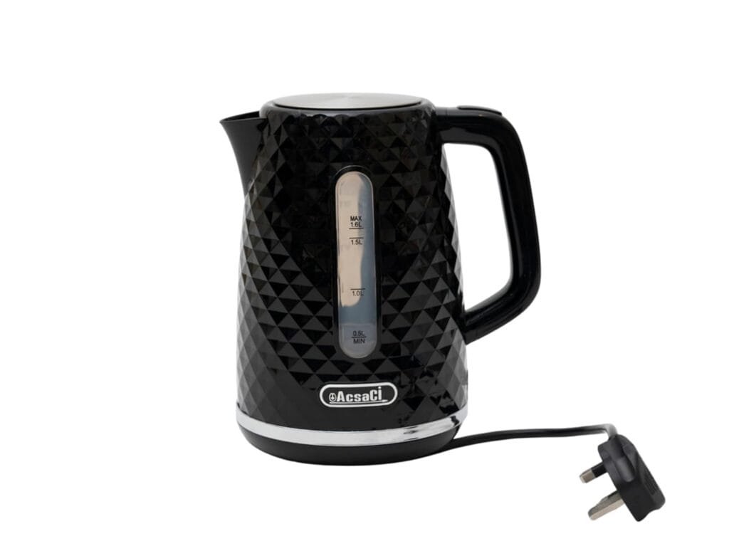 +AcsaCi Black Diamond Design with Silver Accents Kettle, Boiling 365+1.6P, Fast Boiling 3000W, 1.6 Litres, British STRIX Thermostat