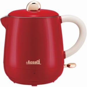 +AcsaCi Electric Double Wall Red Kettle, 600ml, NW 580g, Inside SS Food Grade, Outside Plastic Safety Cool Touch, Save Energy, 1000W, Perfect for 1-2 People living in Home/Students