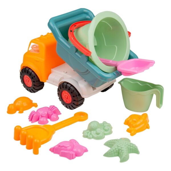 Activo Sand Truck & Accessories Set – 11-Piece Beach Toy Collection with Sea Creature Molds, Pickup Truck, Bucket, Spade, Rake & Water Jug for Creative Outdoor Play, Ideal for...