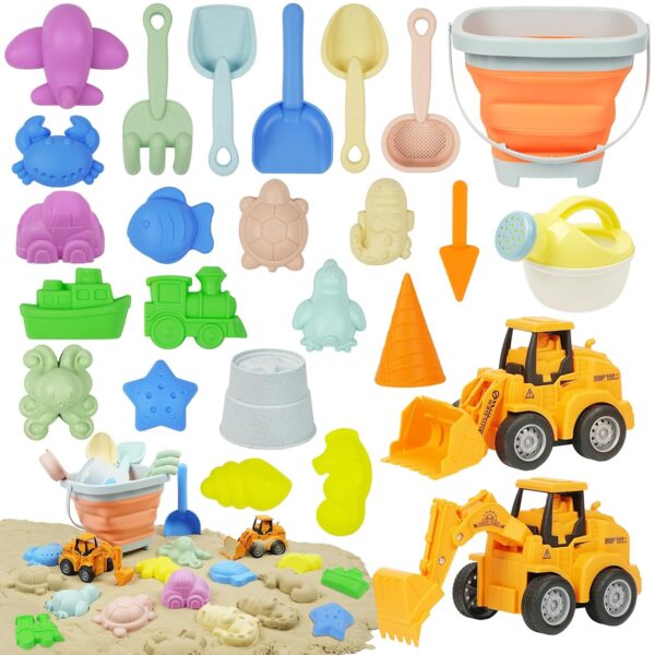 Adiwo Beach Sand Toys Set, 25 PCS Foldable Sand Bucket and Spade Beach with 2 Construction Vehicles, Animal Sand Molds, Sprinkler and Sand Rake, Summer Outdoor, Camping, Water,...
