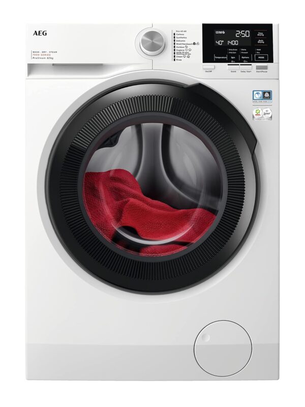 AEG 7000 Series Washer Dryer 8kg Wash/5kg Dry Load LWR7185M4B, Prosteam Freestanding Washer Dryer using 96% less water, 1400rpm Spin, Energy Class A, White
