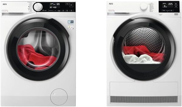 AEG 7000 Series Washing Machine LFR73944B, ProSteam Freestanding Washing Machine & 7000 SensiDry Freestanding Tumble Dryer TR718L4B, 8 kg, Heat Pump Technology, Gentle Drying,...