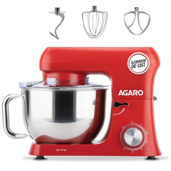 AGARO Supreme Stand Mixer 1500W with 6.2L SS Bowl, 6 Speed Setting, Pulse Function, Die Cast Aluminium Body, Pure Copper Motor, Whisking Cone, Mixing Beater & Dough Hook,...