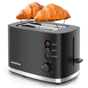 Aigostar 2 Slice Toaster With 1.5" Wide Slot, 800W Black With Warming Rack, Small Low Wattage Electric for Home Travel Camping, Energy 30B3L