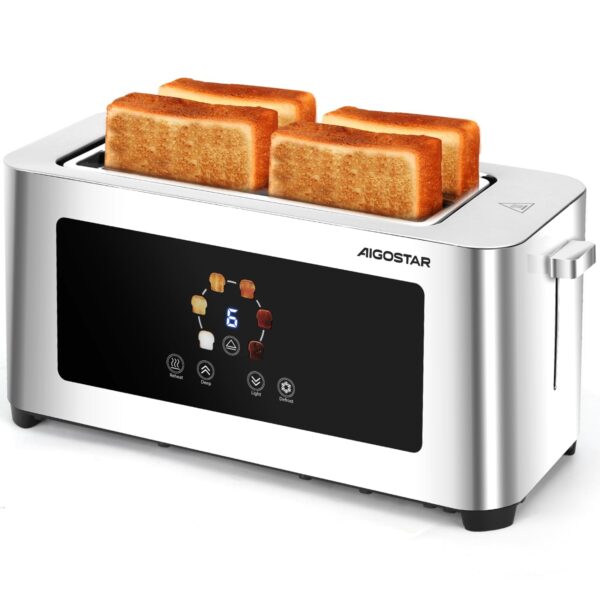 Aigostar 4-Slice Long Slot Toaster Stainless Steel, Extra-Wide Slots, Digital Touch Control, 6 Browning Levels, Defrost Cancel Reheat Functions, 1400W – Perfect for Thick & Thin...