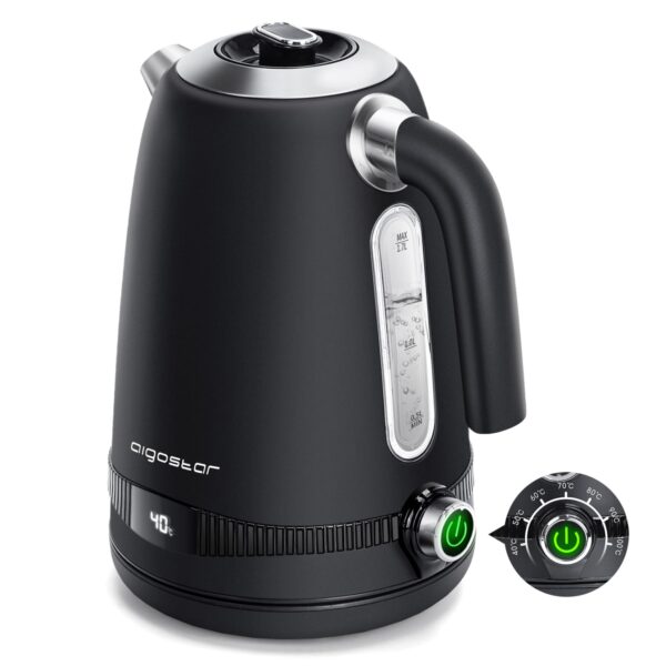 Aigostar Electric Kettle with Variable Temperature (40°C-100°C), 1.7L Digital Kettle Keep Warm, Fast Boil Smart Eco Kettle, Boil-Dry Protection, Stainless Steel, 2200W, Black -...