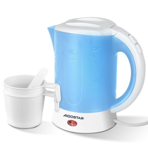 Aigostar Small Travel Electric Kettle - 650W 0.6 Litre Lightweight, Low Wattage Mini Portable With 2 Cups and 2 Spoons for Seniors, Elderly, Camping, Bedroom - Fast Boil, BPA...