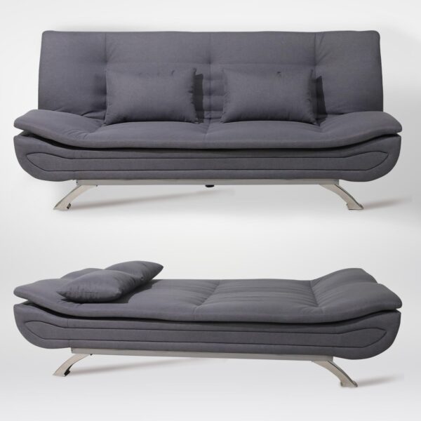 Alivio 3 Seater Sofa Bed with 2 Pillow, Elegant Linen Fabric Recliner Sofa Bed with Steel Legs for Living Room, Guest Room, Office (Grey)
