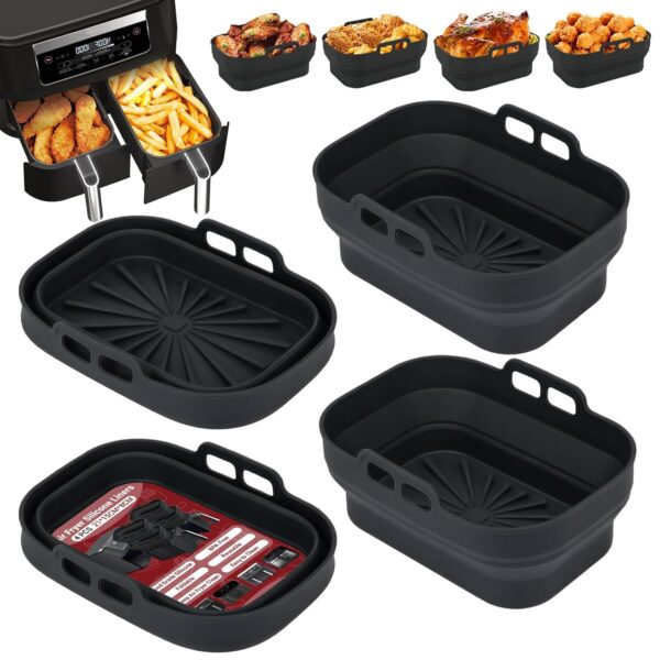 Alyvisun Air Fryer Silicone, 4PCS Reusable Dual Airfryer Accessories Liner Foldable Baking Rack Moulds Rectangular Basket Versatile Non Stick Tray (Black)