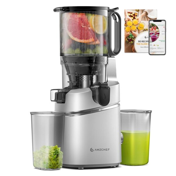AMZCHEF Automatic Cold Press Juicer Machines 250W Free Your Hands -135MM Opening and 1.8L Capacity Slow Juicers for Whole Fruit and Vegetable, with Triple Filter, Safety Lock,...