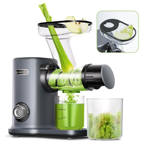 AMZCHEF Cold Press Juicer Machine, Masticating Juicer with 50MM Large Feed Chute and Tray, Slow Juicer Cold Press with 8 Section Spiral Auger, Low Decibels Juicers for Whole...