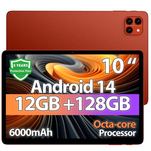 Android Tablet, 10 inch Android 14 Tablet, Octa-core CPU, 2 Years Protection, RAM 12GB, ROM 128GB (Up to 2 TB), 800x1280 Resolution, WiFi 6&Bluetooth 5.4, Dual Cameras, Dual...