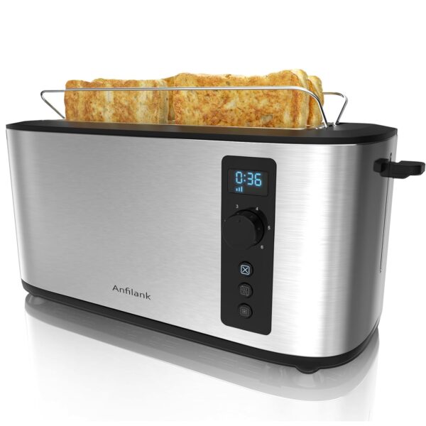 Anfilank Toaster 4 Slice, Countdown Timer, 6 Browning Settings, Built-in Warming Rack, Defrost/Reheat/Cancel Functions, Removable Crumb Tray, Stainless Steel