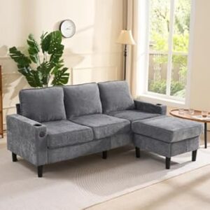 ANIROY L-Shaped Corner Couch Sofa, 3 Seater Sofa, Sectional Sofa Couches with USB, Cup Holder for Apartment Living Room (Grey)