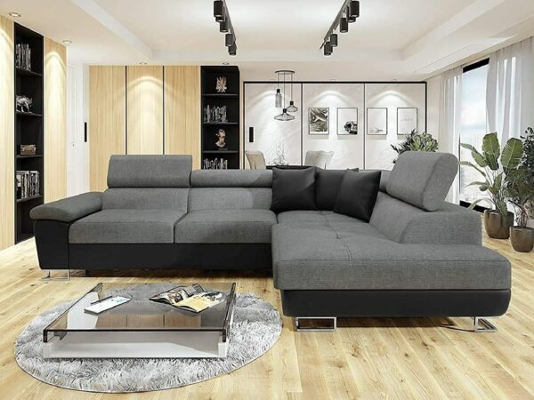ANTON Black & Grey Fabric Corner Sofa Bed | Double Bed | large sofas settee for living Rooms | Left hand & Right hand side suite (RIGHT HAND SIDE)