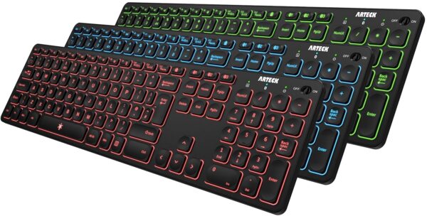 Arteck Universal Backlit 7-Colors & Adjustable Brightness Multi-Device Full Size Wireless Bluetooth Keyboard for Windows, iOS, iPad OS, Android, Computer Desktop Laptop Surface...