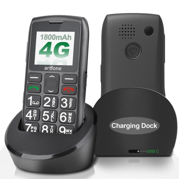 artfone 4G Big Button Senior Mobile Phone | Sim Free Unlocked | C1 P Cheap Basic Phone with Charging Dock | SOS Button | Easy to Use | USB-C (Black)