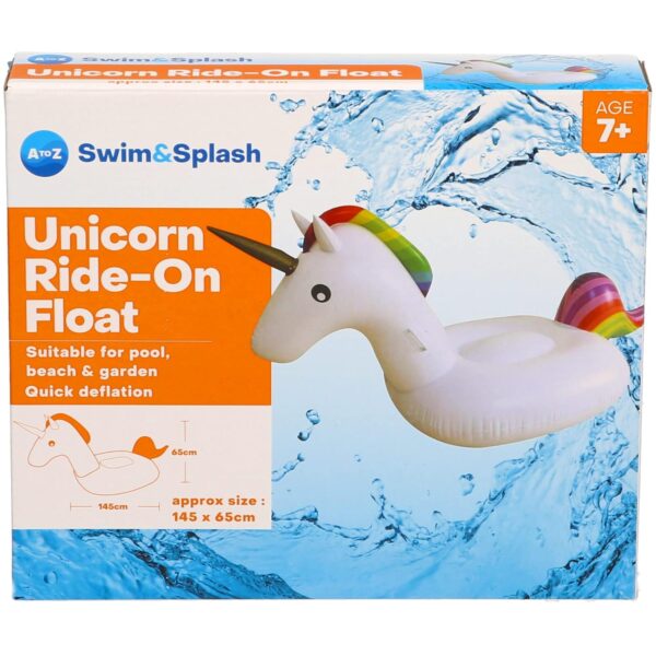 Atoz Swim & Splash Unicorn Ride-On Float, Rainbow Design, 145 x 65 cm, Age 7+, Quick Deflation, Pool Beach Garden