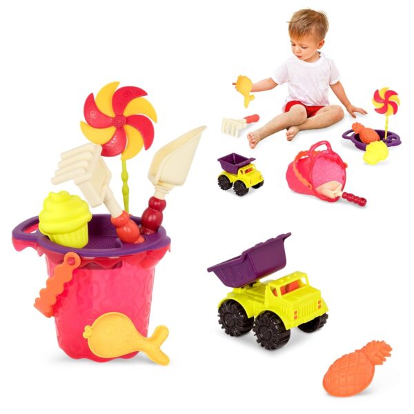 B toys by Battat – Coastal Cruiser – 20” Toy Dump Truck with 5 Funky Sand Toys for Kids 18 m+ (6-Pcs)