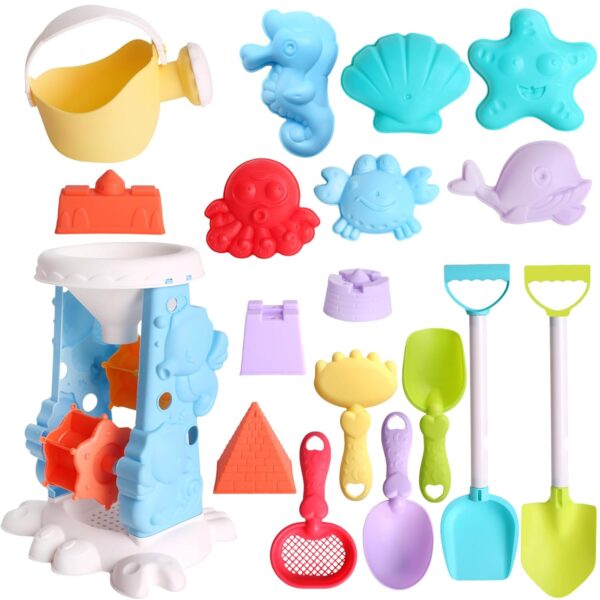 Beach Sand Toys for Kids, 18 PCS Sand Pit Toys with Watering Can Spade Beach Hourglass Digger Construction Castle Toys for Boys Girls Birthday Gifts