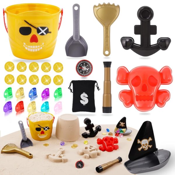 Beach Sand Toys For Kids 29 Pcs, Bucket And Spade Beach Set Kids, Pirate Series Sandpit Toys With Beach Bucket, Gems, Summer Indoor Outdoor Toys Toddlers Children
