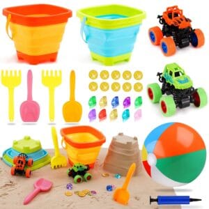 Beach Sand Toys For Kids 30 Pcs, Bucket And Spade Beach Set Kids, Sandpit Toys With Beach Bucket, 16’’ Beach Ball, Monster Trucks For Kids, Gems, Summer Indoor Outdoor Toys...