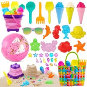 Beach Sand Toys For Kids 37Pcs, Bucket And Spade Beach Set Kids, Sandpit Toys With Beach Bucket, Sunglasses, Beach Ball, Ice Cream Toys For Girls, Basket, Summer Indoor Outdoor...