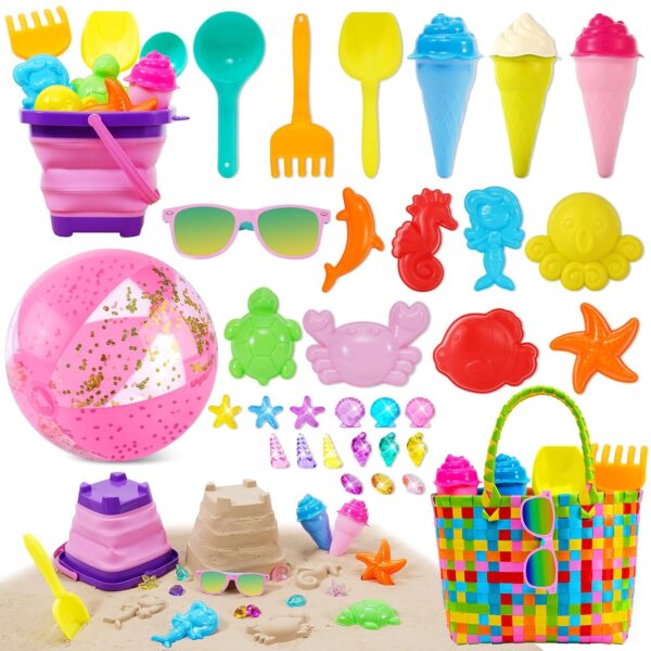Beach Sand Toys For Kids 37Pcs, Bucket And Spade Beach Set Kids, Sandpit Toys With Beach Bucket, Sunglasses, Beach Ball, Ice Cream Toys For Girls, Basket, Summer Indoor Outdoor...