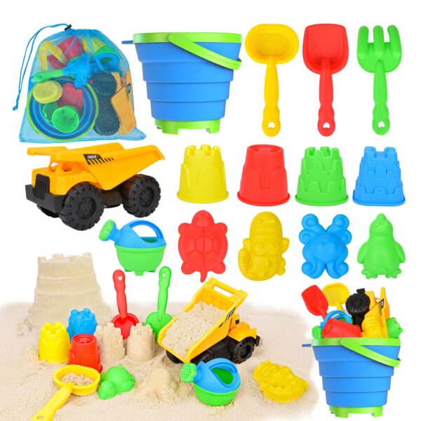 Beach Toys, 14Pcs Sand Toys with Construction Vehicle and Collapsible Beach Bucket, Animal Sand Mold Sets, Watering Can,Shovel Set with Mesh Bag,Summer Outdoor Play Travel...
