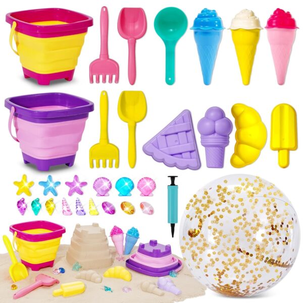 Beach Toys For Kids 31 Pcs, Bucket And Spade Beach Set Kids, Sand Toys With Beach Bucket, 16’’ Beach Ball, Ice Cream Toys For Kids, Gems, Sandpit Toys Outdoor Toys Toddlers...