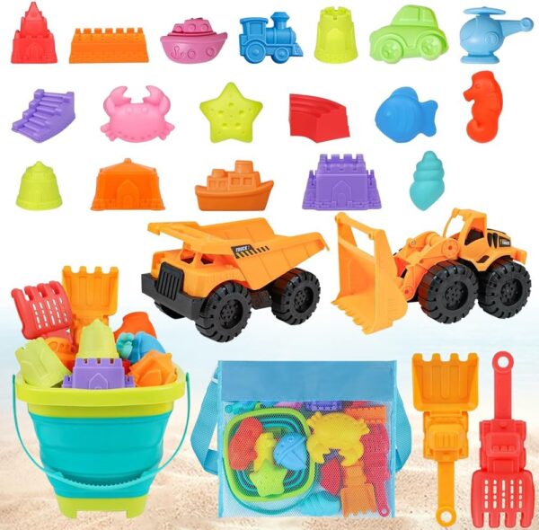 Beach Toys Set for Kids, 24Pcs Sand Toys with Collapsible Bucket and Spade, Beach Set Kids Sand Pit Toys with Shovels, Molds, Sand Truck, Castle Building Kit for Children...