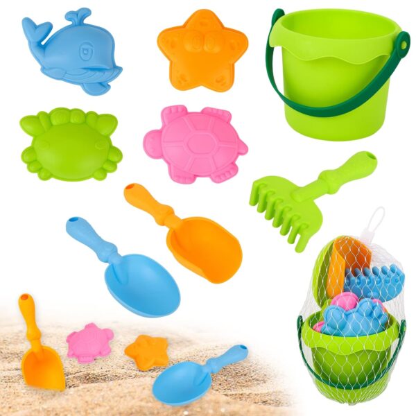 Beach Toys Set for Kids - 8 Pcs Sand Bucket Set With Shovels and Sea Animal Soft Molds, Outdoor Fun Tools for Toddler Children Boys Girls, Sand Pit