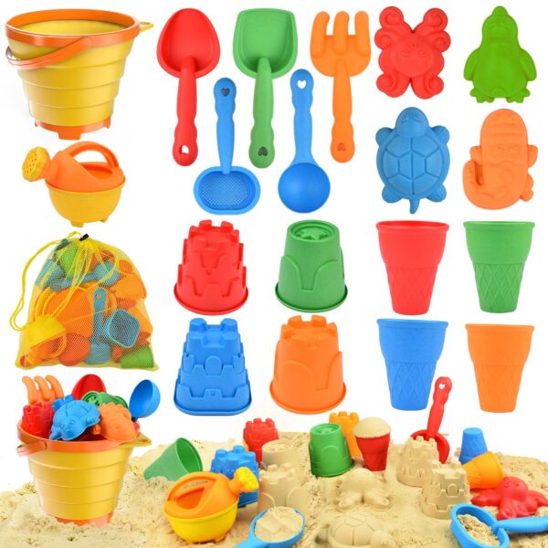 Beach Toys Set for Kids, Collapsible Sand Bucket and Shovels Set with Watering Can,Mesh Bag, Ice Cream &Animal Sand Molds,Travel Beach Toys for Toddler Boys Girls Age 3 4 5 6 7 8+