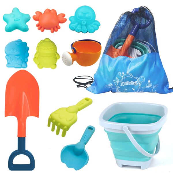 Beach Toys Set for Kids -Collapsible Sand Bucket&Mesh Beach Bag and Shovels Sand Rake Toy 11Pcs Set, Animal & Dinosaur Molds,Fork,Rake&Watering Can for Toddlers Ages 3+ (sand...