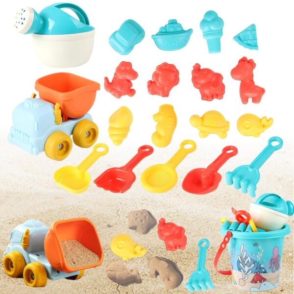 Beach Toys Set for Kids, Sand Bucket and Shovels Set with Truck, Watering Can, Ice Cream & Animal Sand Molds Playset, Sand Play Beach Toys with Storage Mesh Bag for Toddler Boys...