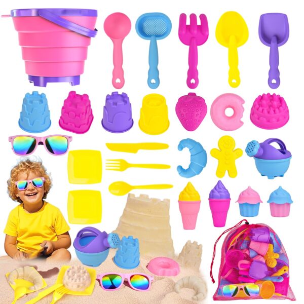 Beach Toys with Collapsible Sand Bucket,Kids Sunglasses,Ice Cream Cake Castle Molds,Shovels Set,Watering Can,Mesh Bag, Summer Water Poor Sea Outdoor Play Travel Sandbox Toys for...