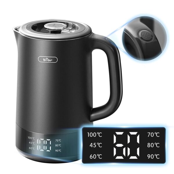 Bear 1.7L Electric Kettle with 6 Temperature Settings, 1800-2200W, Auto shut-off, Microprocessor Touch Panel, BPA Free, Dry Boil Protection, Fast Boiling Black Electric Kettle