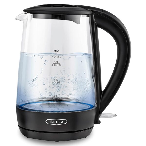 BELLA 1.7 Liter Glass Electric Kettle, Quickly Boil 7 Cups of Water in 6-7 Minutes, Soft Blue LED Lights Illuminate While Boiling, Cordless Portable Heater, Carefree Auto...