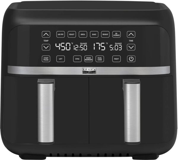 Bella 8L Dual Basket Air Fryer with Touchscreen, 8 Cooking Options, Adjustable Temperature, Auto Shutoff and Timer, Nonstick Cooking Trays, 2850 W, Black