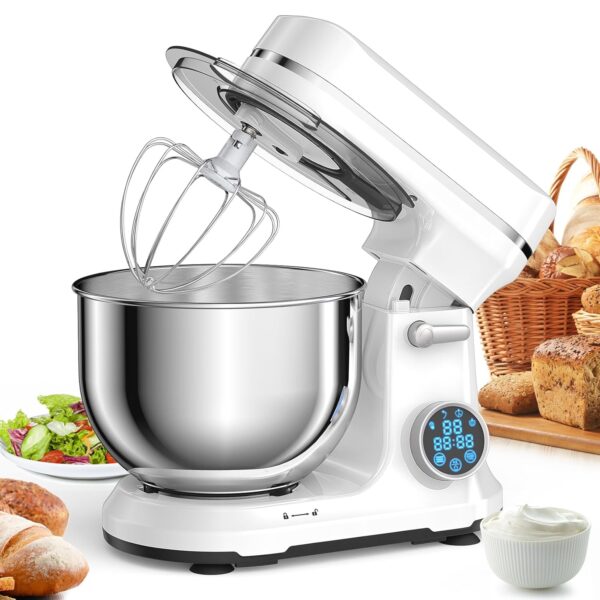 BioloMix Kitchen Food Stand Mixer, 1200W 11-Speeds DC Quiet Motor, Digital OLED Screen, Electric Food Mixer with Dough Hook, Whisk, Beater (BM602E-White)